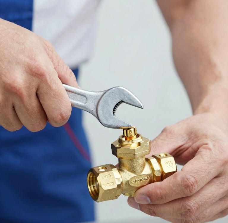 Close-up shot of a technician’s hands using a professional wrench to tighten a clean brass valve, bright neutral daylight, high contrast, professional utility aesthetic, 35mm lens.