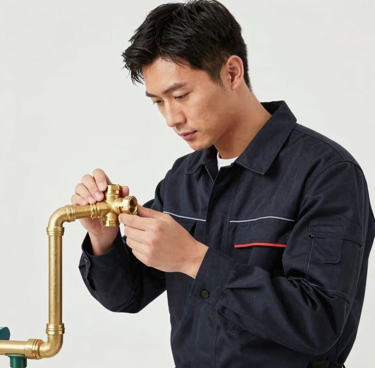 Medium shot of a professional plumber in a clean dark navy uniform adjusting a brass pipe fitting under bright neutral daylight, high contrast, professional utility aesthetic, 35mm lens.