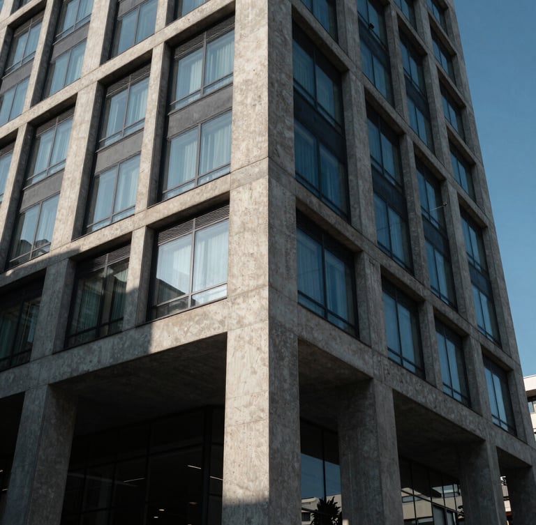 Low-angle architectural photograph of a modern concrete and glass building facade in Bakırköy, high-contrast morning light casting sharp geometric shadows, raw material textures visible.