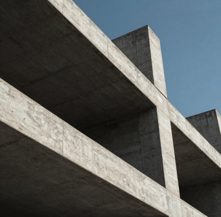 Low-angle architectural photograph of a modern concrete building structure under construction, dramatic shadows, sharp structural lines, natural daylight, high-contrast.