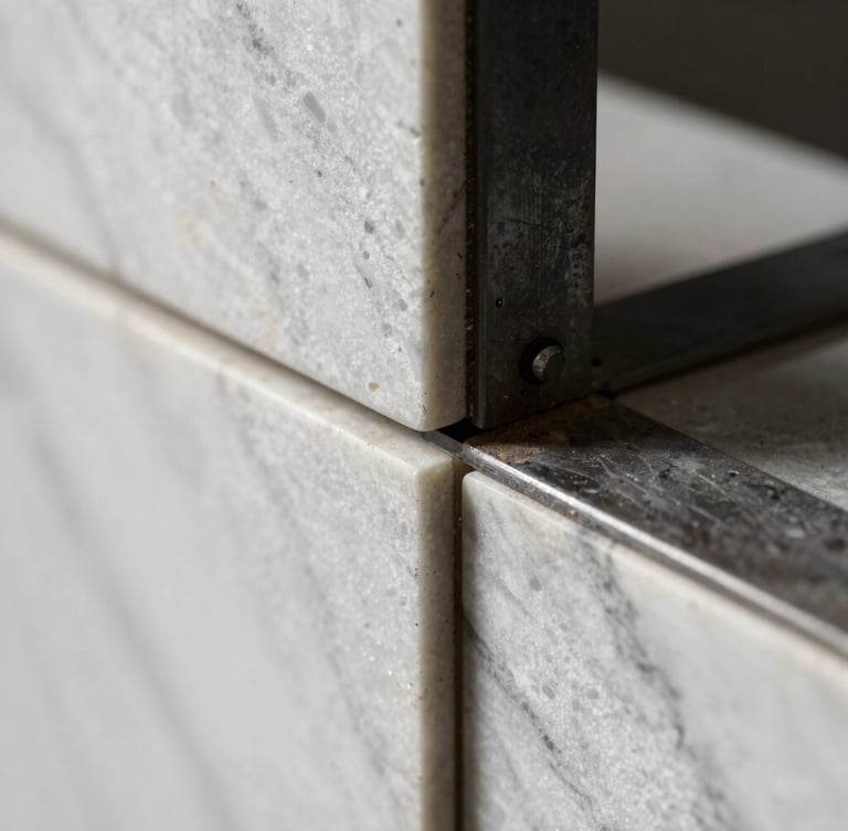 Extreme close-up of premium textured white marble and raw dark steel structural joint, sharp focus, dramatic high-contrast lighting, architectural detail