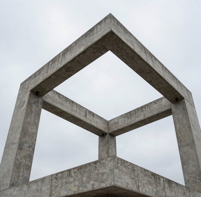 Low-angle architectural shot of a modern concrete building frame under crisp overcast daylight, highlighting structural integrity and steel reinforcement.