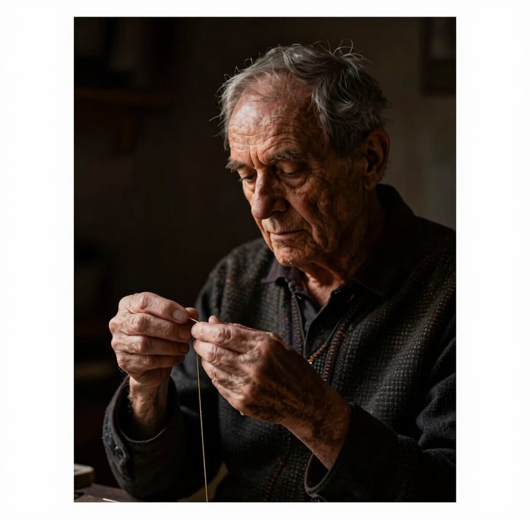 Chiaroscuro portrait of an elderly artisan hands holding a golden thread, deep dark background, single warm light source, poetic and quiet
