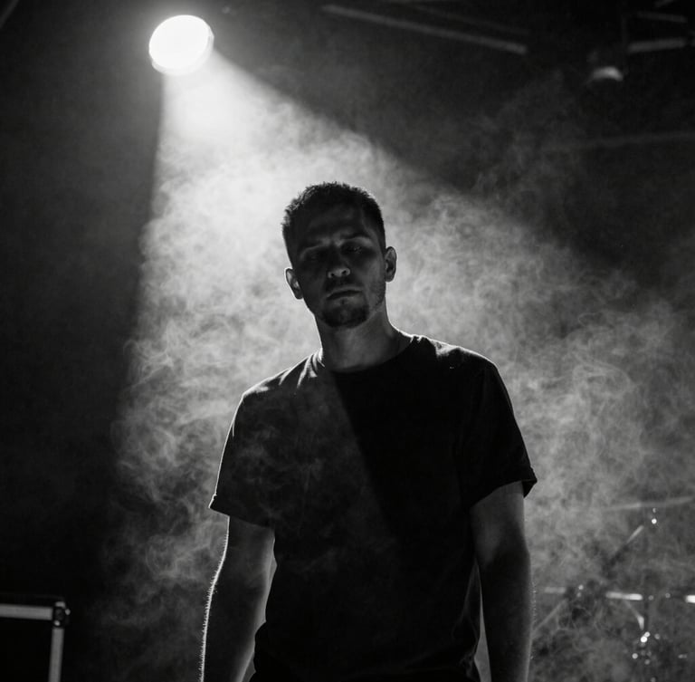 High-contrast black and white portrait of a musician lost in performance, a single sharp spotlight cutting through heavy stage smoke, dramatic chiaroscuro, grain texture.