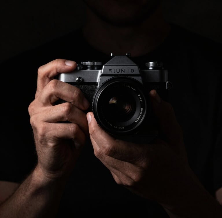 Chiaroscuro portrait of hands holding an old analog camera, deep shadows, single warm light source from the side highlighting the texture of the metallic dials and skin, absolute black background, intimate and quiet framing.