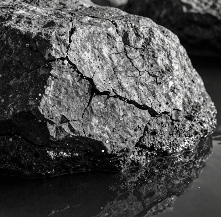 Fotografía artística en blanco y negro de grano fino, primer plano extremo de la textura de una roca volcánica agrietada bajo una luz lateral dramática, sombras profundas y detalles dorados sutiles reflejados en el agua estancada.