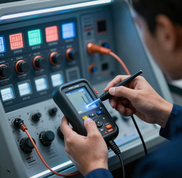 Yüksek çözünürlüklü, yakın çekim bir marin elektrik teknisyeni, temiz bir motor bölmesinde bir multimetre ile kablo demetini test ediyor, arka planda hafifçe parlayan bir gösterge paneli, keskin teknik aydınlatma, cool mavi ve sıcak bakır tonları.