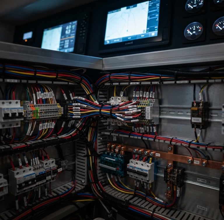 Yüksek detaylı, temiz bir yatın elektrik panosundaki kablo demetleri, düzenli ve renk kodlu, keskin teknik fotoğrafla çekilmiş, loş kabin ışığında parlayan ekranlar