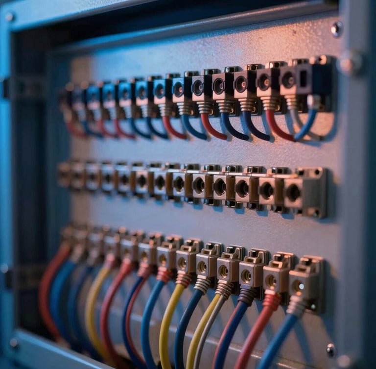 Close-up of impeccably organized marine wiring panel, with color-coded cables and robust terminals, under sharp technical work lights, cool blue and warm copper tones, macro lens, high detail, 35mm