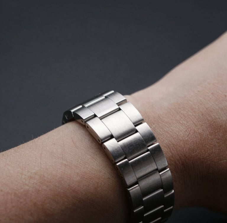 Macro close-up of a polished steel bracelet on a wrist, sharp studio lighting, deep shadows, minimalist dark background, 50mm