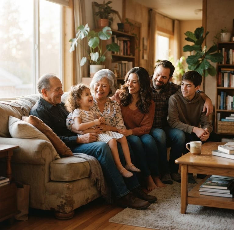 Warm, candid portrait of the Cabrera family team smiling inside a naturally lit, cozy residential living room, golden-hour window light, soft earth tones, shallow depth of field, 35mm film look