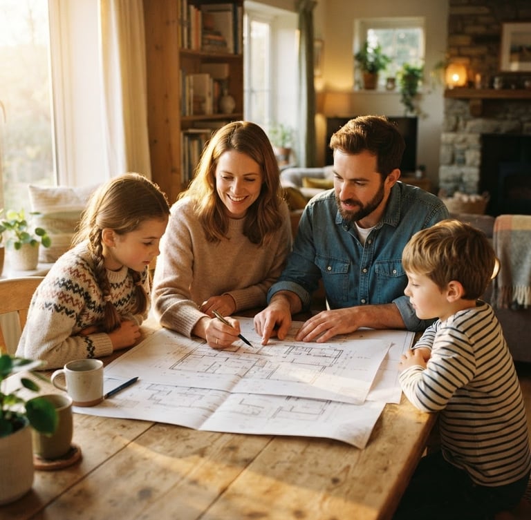 Warm, sunlit family in a cozy home interior, hands reviewing floorplans on a wooden table, soft golden-hour light