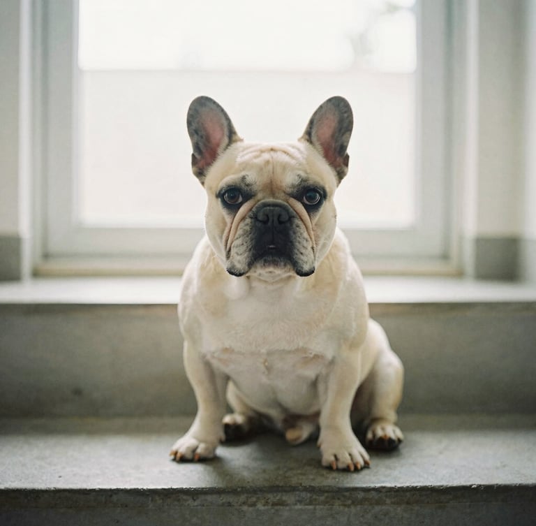 Candid eye-level portrait of a one-eyed French bulldog sitting on smooth concrete steps, soft natural overcast light, 35mm film aesthetic