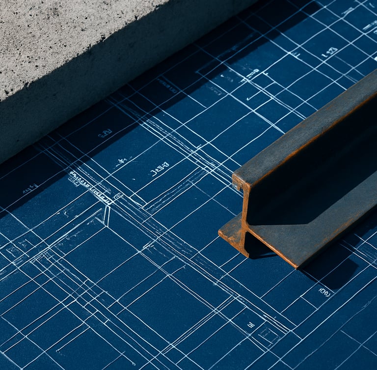 Macro shot of technical blueprints overlaid on raw steel and concrete materials, sharp daylight, high contrast, focused on structural details