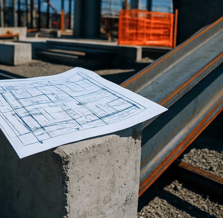 Close-up macro shot of technical blueprints overlaid on raw concrete and steel materials on an active engineering site, sharp daylight contrast.