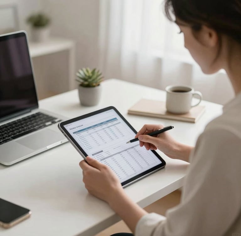 A clean modern home office with a professional reviewing financial spreadsheets on a tablet, bright neutral studio lighting.