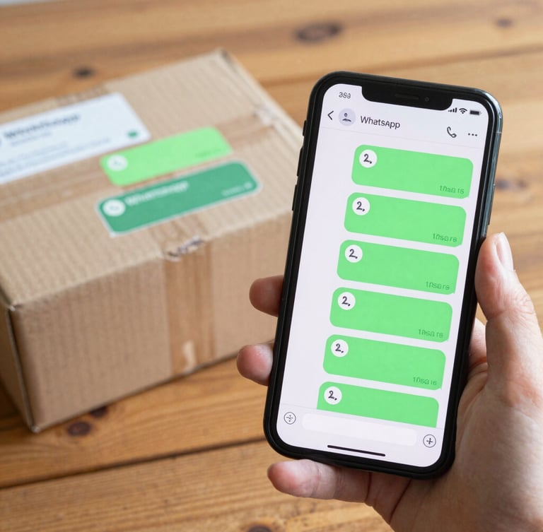 Close-up of a person holding a smartphone displaying a WhatsApp chat filled with green discount bubbles next to a cardboard package on a wooden table, bright daylight