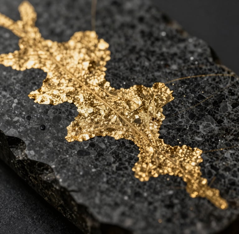 Macro close-up of abstract gold-leaf details on dark obsidian stone, soft golden hour lighting, rich textures