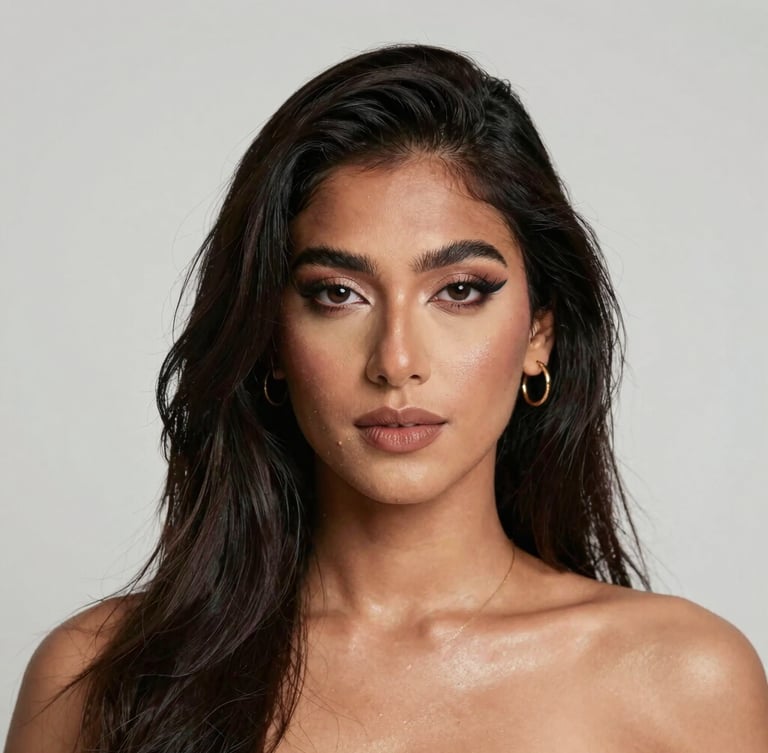 Low-key, moody portrait of a warm South Asian individual with a gentle expression, illuminated by soft golden moonlight from the side, dark textured background with subtle shadows.