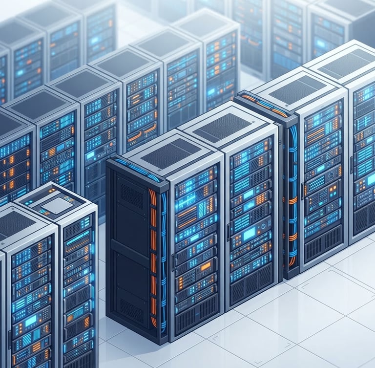 Isometric vector illustration of clean server racks with glowing electric blue and bright orange indicator lights, high-key studio lighting, minimal geometric shapes