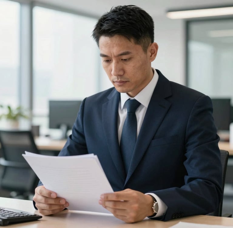 Medium-close portrait of a focused military veteran in professional business attire, reviewing documents in a modern, well-lit corporate office environment. Crisp corporate photography, sharp natural daylight, deep navy and slate tones, high contrast, professional editorial style.
