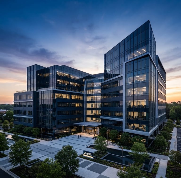 Wide shot of a modern corporate headquarters building at dawn, sharp lines, deep navy and slate tones, high contrast, professional editorial style, subtle APEX VETERAN STAFFING INC branding.
