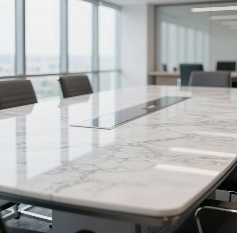 Tight macro shot of a pristine, polished marble conference table reflecting soft window light, clean modern corporate interior, sharp focus