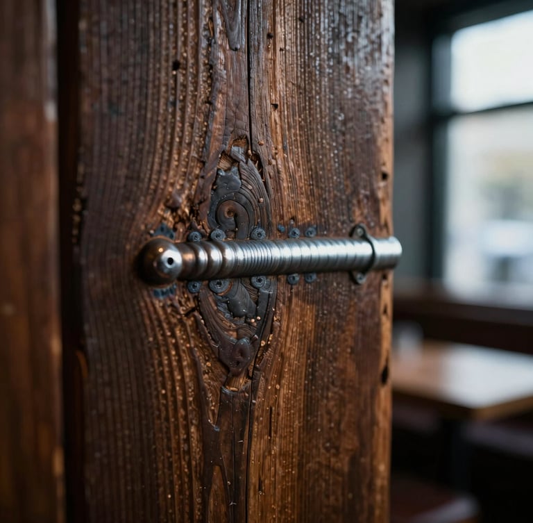 Close-up macro shot of heavily weathered wood grain with raw steel weld accents, moody low-key lighting, shallow depth of field