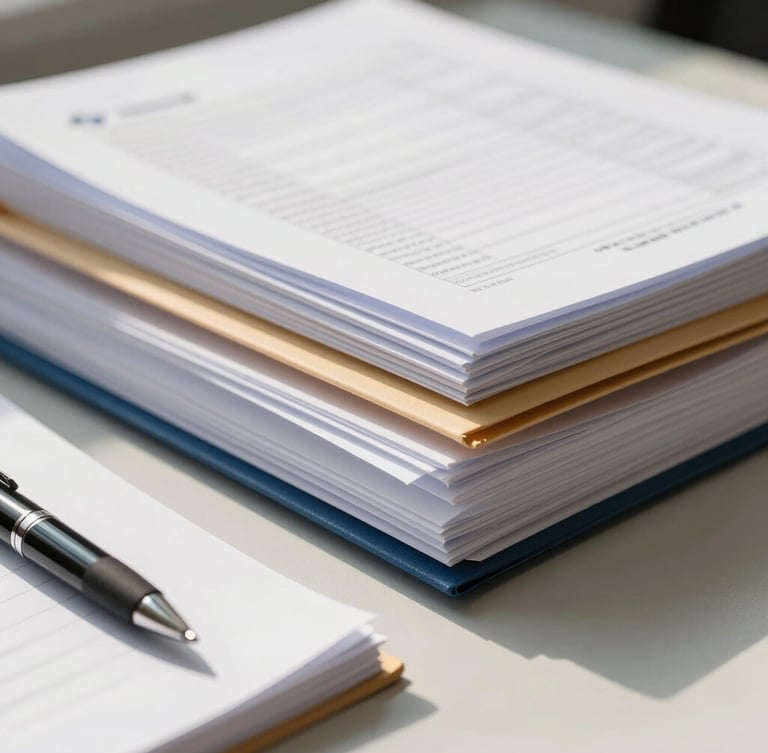 Macro shot of organized corporate documents, neat folders, and a pen on a clean slate table, high-trust bright daylight