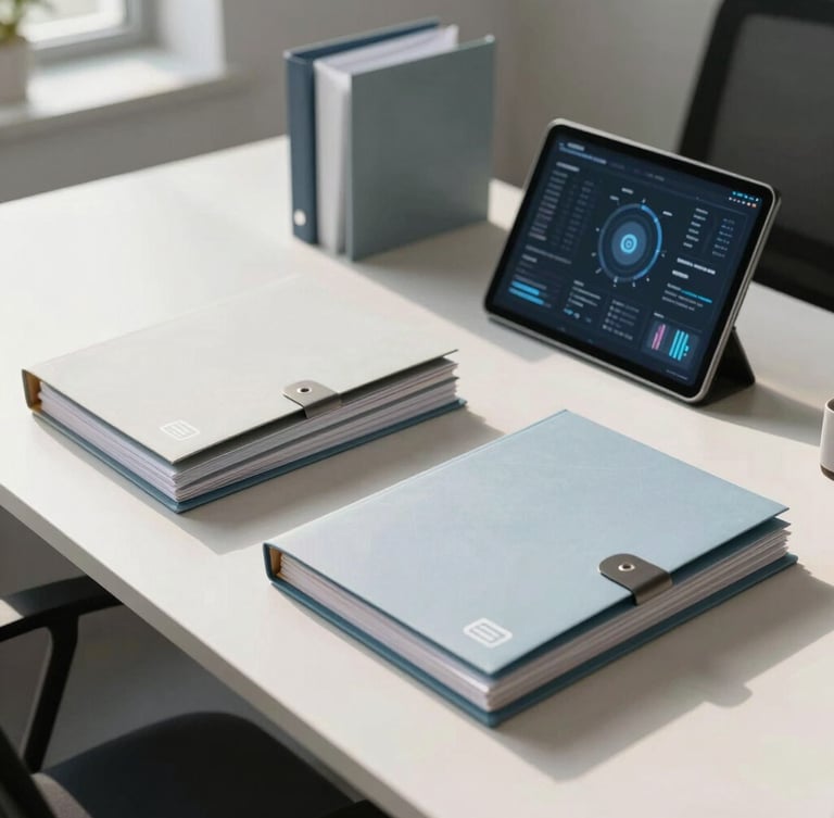 A clean, highly organized modern office desk in bright daylight, sharp focus on structured folders and a tablet displaying secure digital interfaces, neutral lighting, no people.