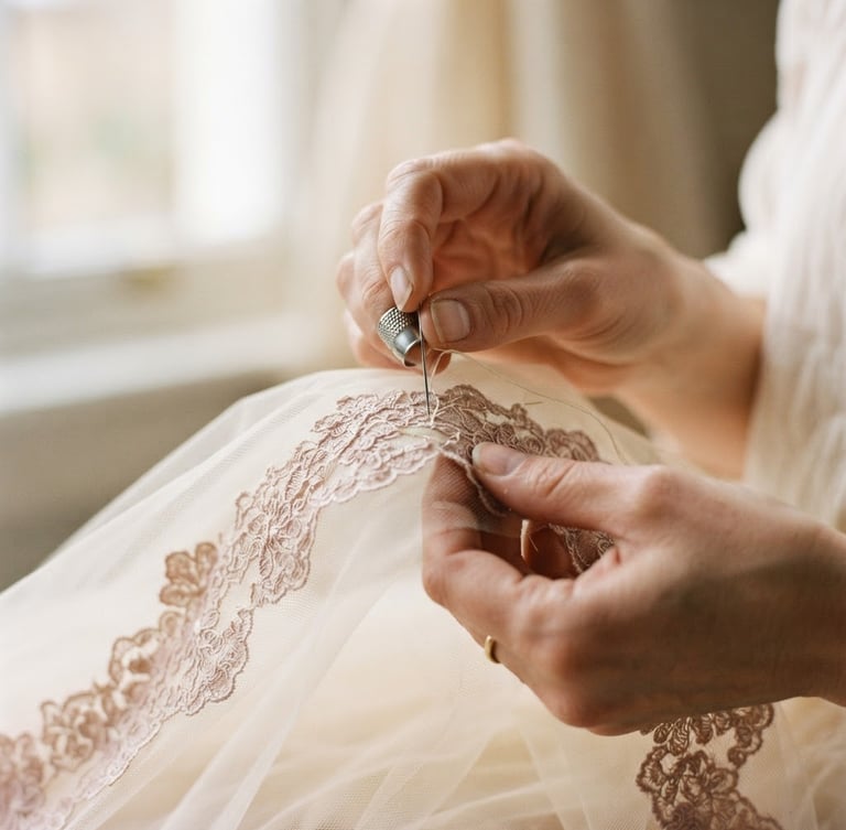 Close-up of hands carefully hand-basting delicate lace trim onto translucent tulle, soft window light, shallow depth of field, romantic editorial photography, muted cream and dusty rose tones.