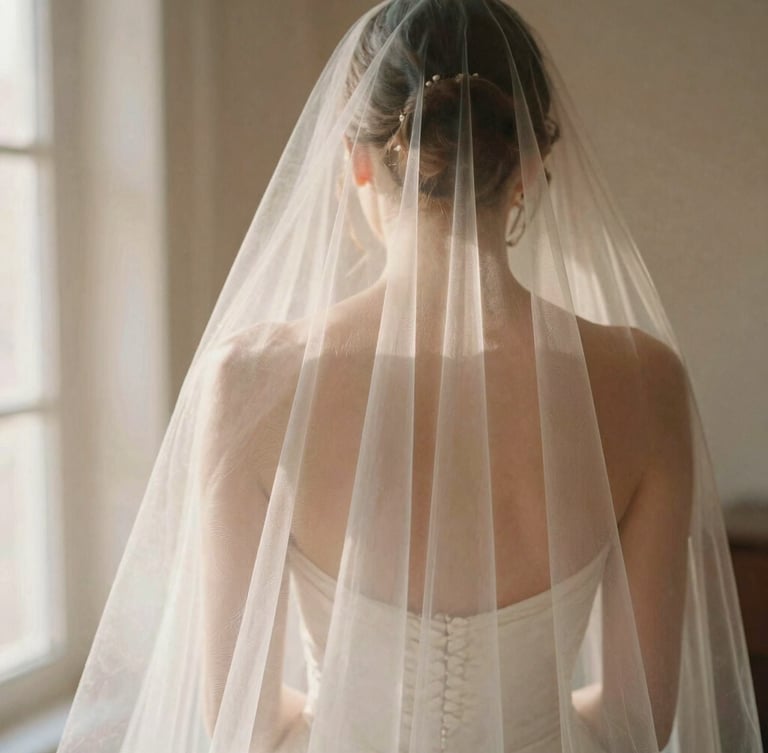 Portrait of a bride's back, delicate veil flowing, catching soft golden hour light, romantic editorial photography, shallow depth of field, muted cream and dusty rose tones.