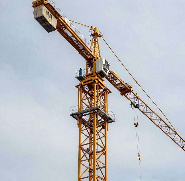 Low-angle architectural shot of a massive yellow tower crane truss rising into a crisp, overcast Szczecin sky, industrial precision, geometric lines