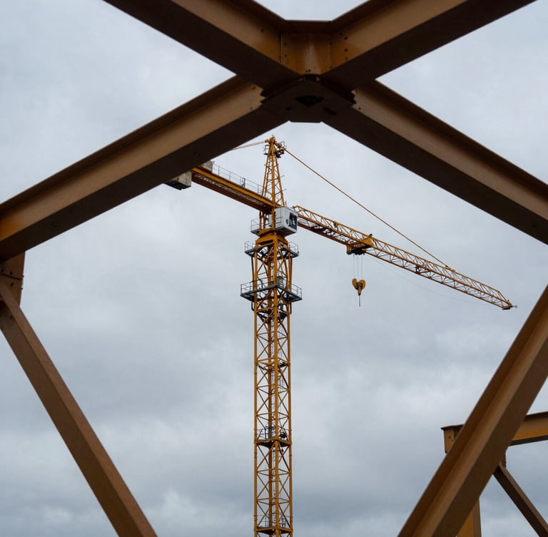 Low-angle dramatic shot of a yellow tower crane silhouetted against an overcast Baltic sky in Szczecin, structural steel trusses cutting the frame diagonally, industrial maritime atmosphere.