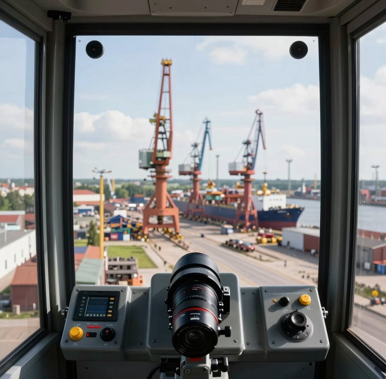 First-person perspective from inside a modern crane cabin looking out over the Szczecin shipyard, bright daylight, safety controls visible in foreground