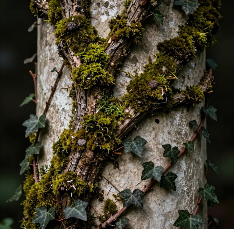 Macro texture close-up of thick moss, gnarled oak branches, and dark ivy climbing a structured plaster column, low-key directional lighting