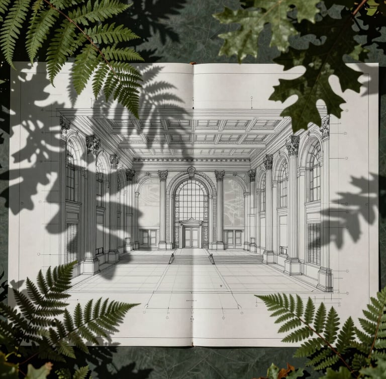 An elegant, technical architectural blueprint of a grand hall, overlaid with dramatic botanical shadows of mature oak branches and ferns, low-key lighting, deep green and charcoal tones.