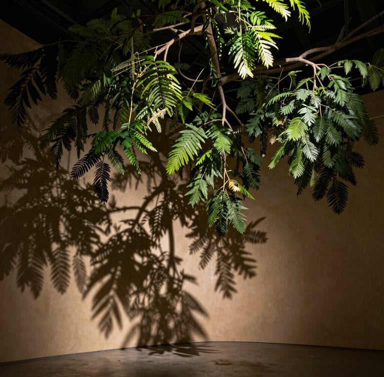 Low-key dramatic lighting on a massive overhead botanical installation, mature green branches casting deep architectural shadows on a warm plaster wall, wide-angle environmental framing.