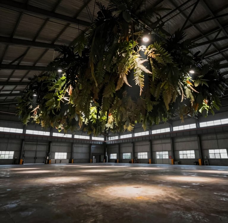 Wide panoramic shot of an empty industrial warehouse transformed by a massive suspended canopy of dark foliage and directional spotlights, moody atmosphere.
