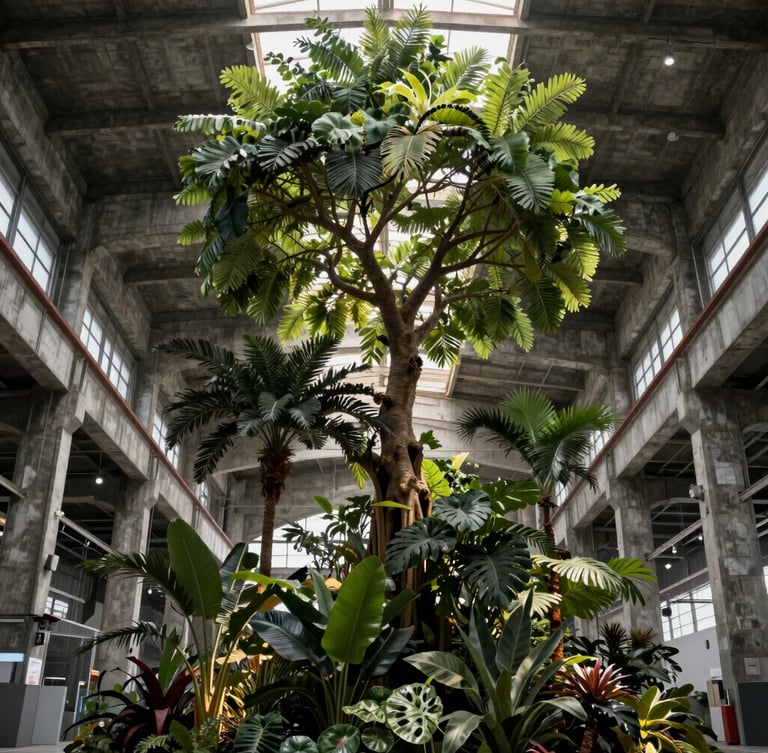 A towering botanical installation inside a high-ceilinged industrial warehouse, where mature trees and structured foliage kiss the raw concrete beams, dramatic side-lighting.