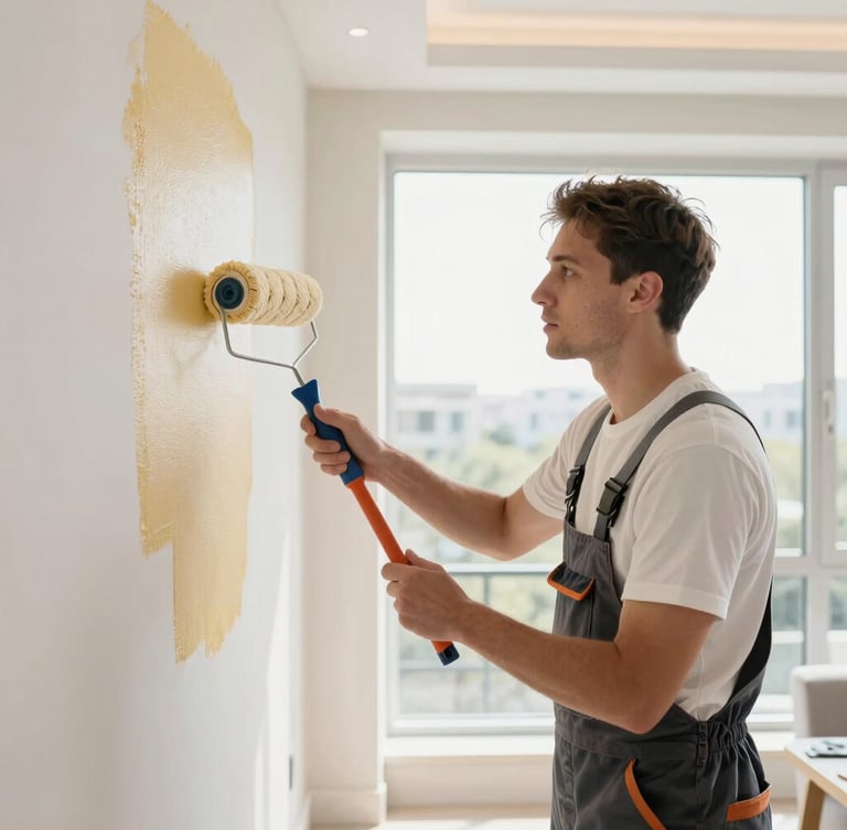 Professional decorator in clean, modern work attire, meticulously applying paint to a wall with a roller inside a luxurious, bright home, focused expression, natural light from a large window, crisp edges.