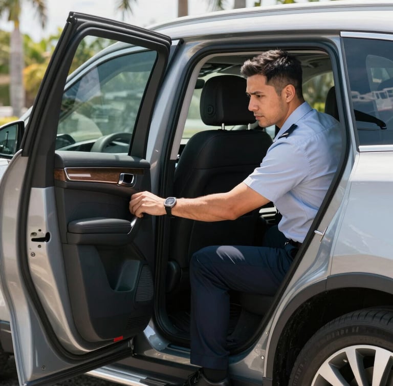 A professional bilingual driver in a clean uniform opening a passenger door of a premium SUV, bright Florida daylight, clean reflections