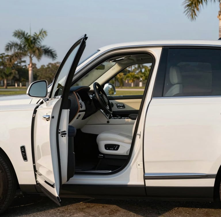 Medium-shot profile of a pristine white luxury SUV parked under the soft morning Florida sun, passenger door open, clean leather interior visible.