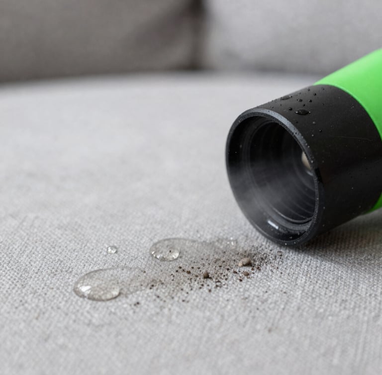 Extreme close-up of a high-pressure steam extraction nozzle drawing dark dirt out of light grey sofa fabric, showing water droplets and texture, crisp lighting, 35mm lens