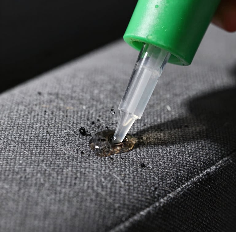 Extreme close-up of a transparent extraction nozzle pulling dark dirt water from grey sofa fabric fibers, high contrast, dramatic lighting, sharp focus, water droplets visible