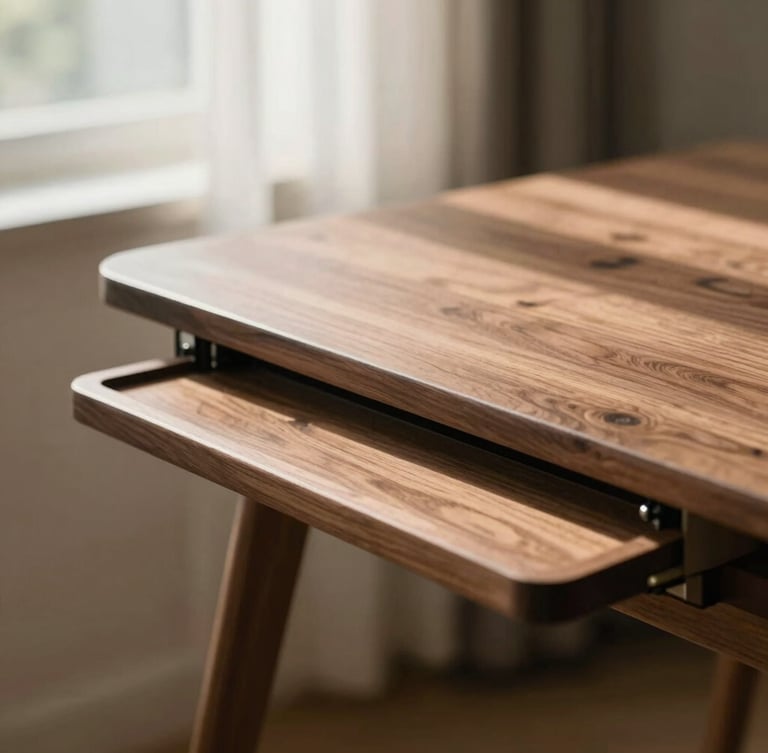 Low-angle close-up of a warm walnut lift-top table mechanism gliding open, soft natural window light casting gentle shadows, shallow depth of field