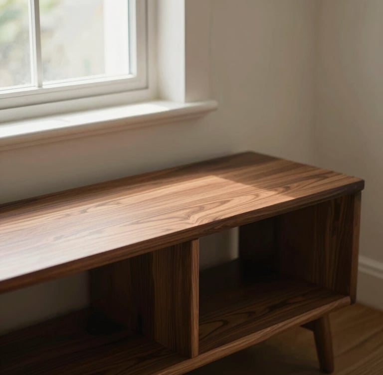 Eye-level slightly low-angle shot of a walnut storage bench styled in a small, airy, sun-drenched room. Soft directional side-lighting from a window highlights the rich walnut grain and clean joinery details.