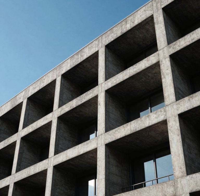 Low-angle architectural shot of a brutalist concrete building facade against a clear sky, sharp linear shadows, high-contrast daylight, editorial corporate photography.