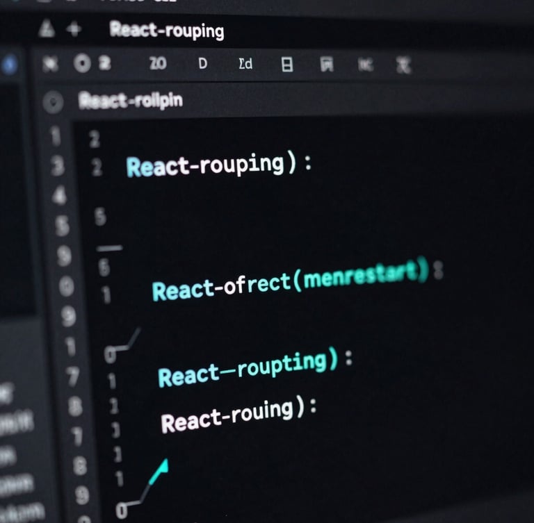 Macro close-up of a dark-mode IDE screen displaying ultra-clean, type-safe React routing code with neon-cyan highlights, sharp focus, 35mm lens, low-key ambient lighting