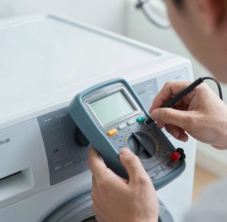 Macro close-up of a technician's hands using a digital diagnostic multimeter on a modern washing machine control panel, focused work light, cool metallic tones.